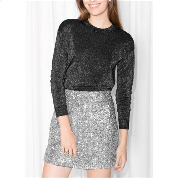& Other Stories Black Metallic Cropped Puff Shoulder Crew Neck Sweater Sz 10 - Picture 1 of 9